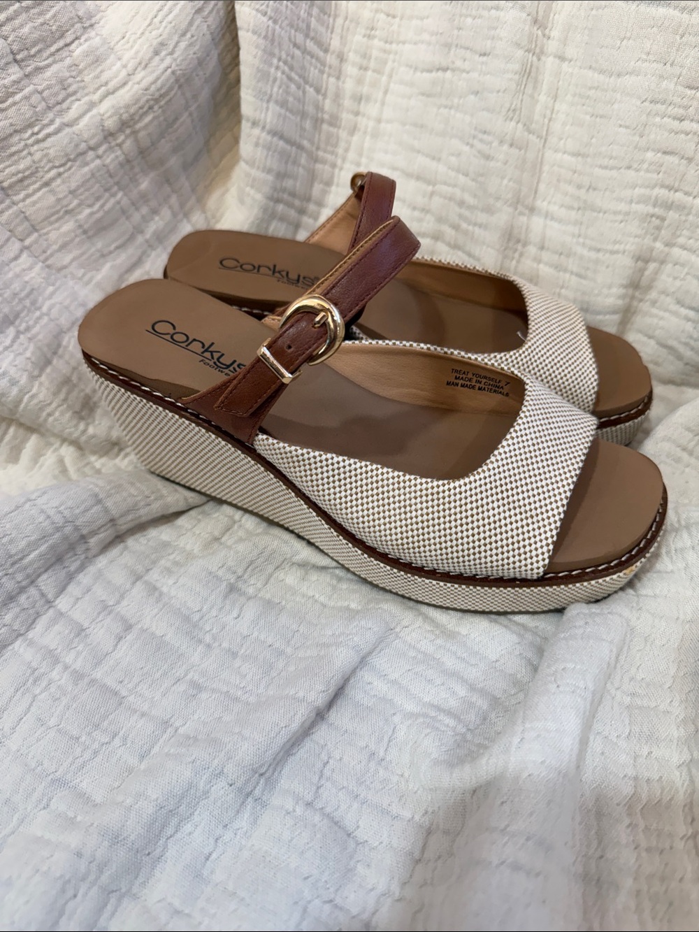 Corkys White & Brown Braided Wedge Sandals